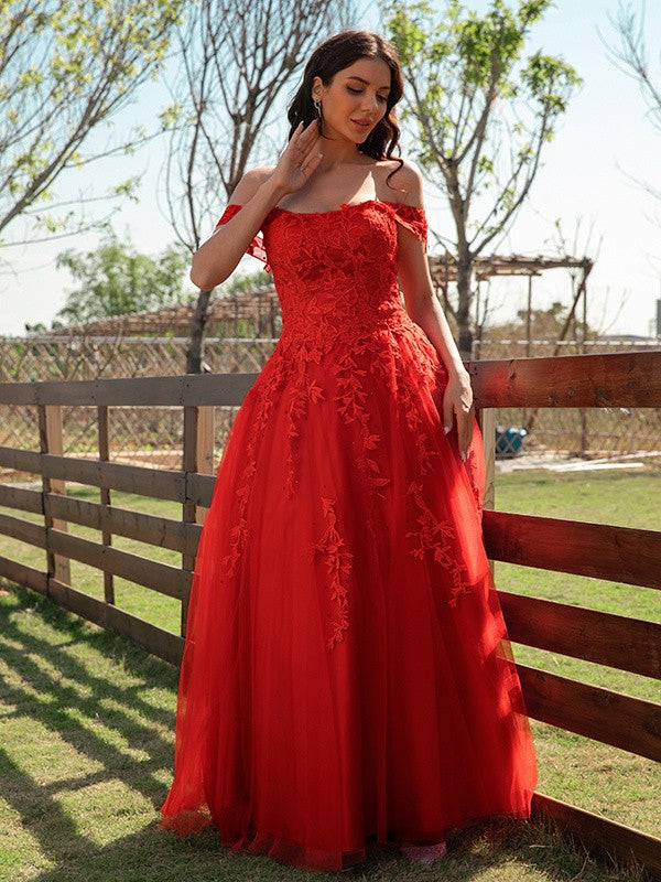 Tulle Applique Off-the-Shoulder Sleeveless Floor-Length Dresses