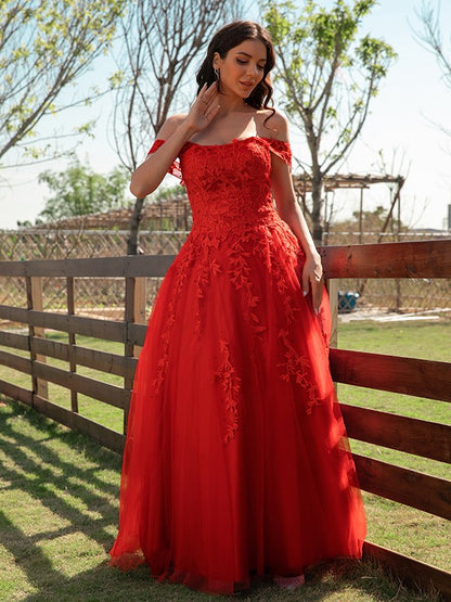 Tulle Applique Off-the-Shoulder Sleeveless Floor-Length Dresses