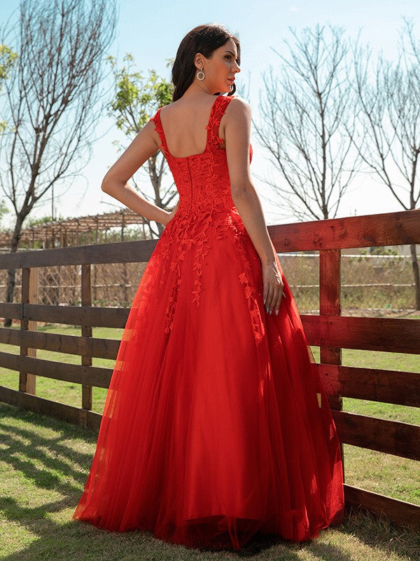 Tulle Applique Off-the-Shoulder Sleeveless Floor-Length Dresses