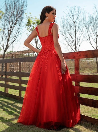 Tulle Applique Off-the-Shoulder Sleeveless Floor-Length Dresses