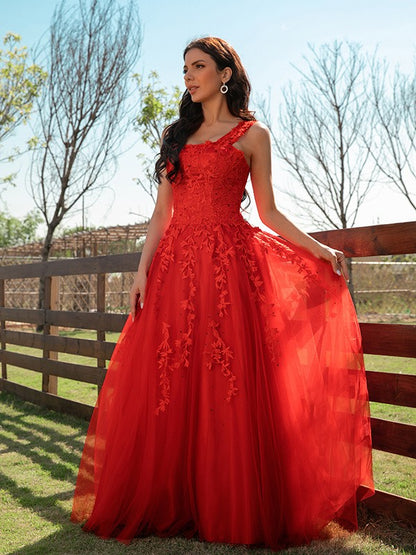 Tulle Applique Off-the-Shoulder Sleeveless Floor-Length Dresses