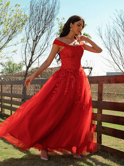 Tulle Applique Off-the-Shoulder Sleeveless Floor-Length Dresses
