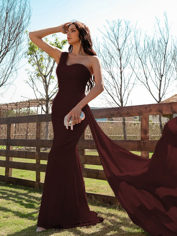 Column Silk like Satin Ruched One-Shoulder Sleeveless Sweep/Brush Train Dresses