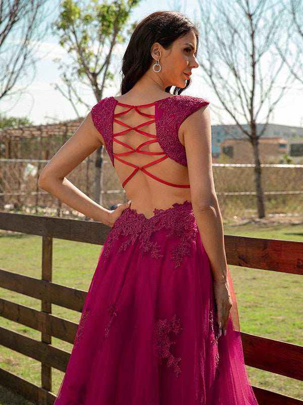 Tulle Applique V-neck Sleeveless Floor-Length Dresses