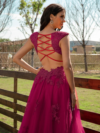 Tulle Applique V-neck Sleeveless Floor-Length Dresses