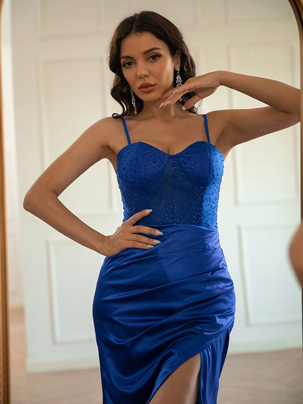 Satin Ruched Spaghetti Straps Sleeveless Sweep/Brush Train Dresses