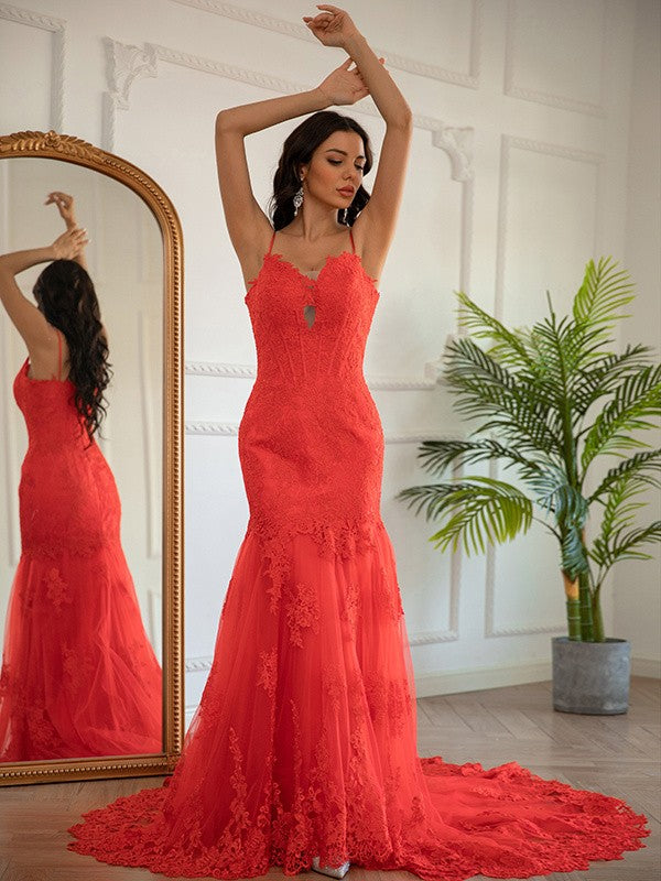 Lace Applique V-neck Sleeveless Sweep/Brush Train Dresses