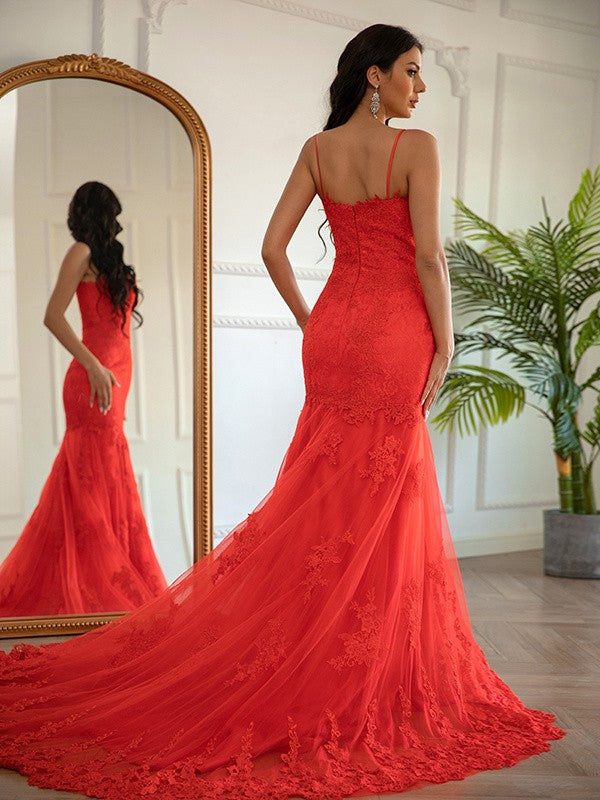 Lace Applique V-neck Sleeveless Sweep/Brush Train Dresses