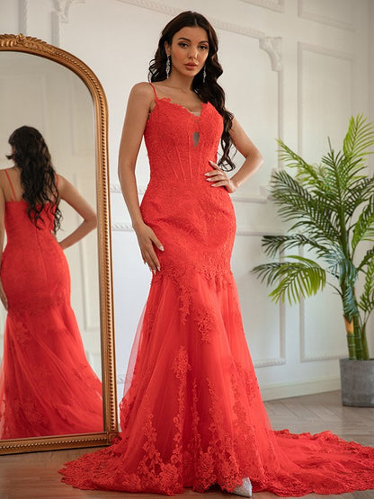 Lace Applique V-neck Sleeveless Sweep/Brush Train Dresses