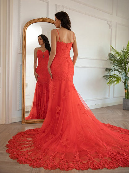 Lace Applique V-neck Sleeveless Sweep/Brush Train Dresses