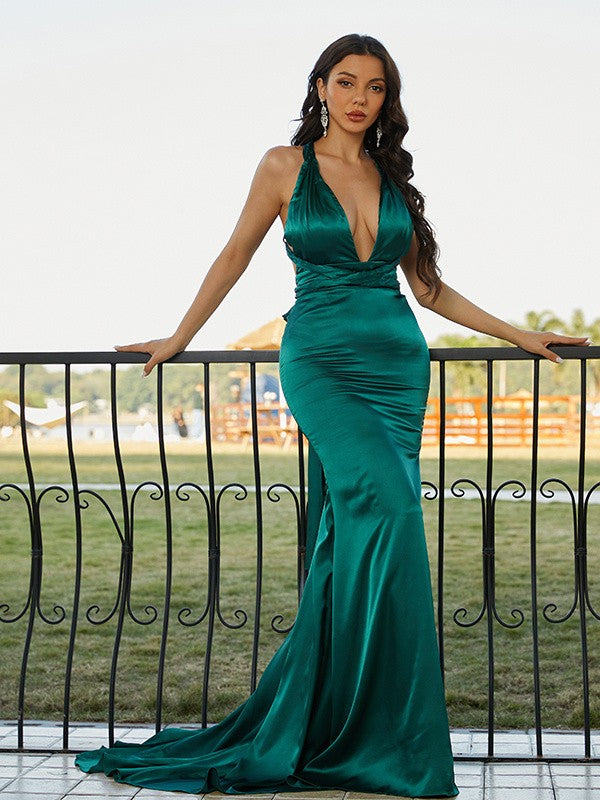 Satin Ruched V-neck Sleeveless Sweep/Brush Train Dresses