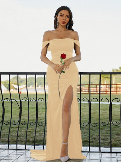 Sheath Jersey Ruched Off-the-Shoulder Sleeveless Sweep/Brush Train Dresses