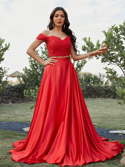 Satin Applique Off-the-Shoulder Sleeveless Sweep/Brush Train Two Piece Dresses