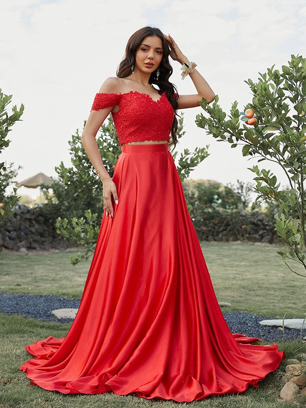 Satin Applique Off-the-Shoulder Sleeveless Sweep/Brush Train Two Piece Dresses