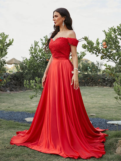 Satin Applique Off-the-Shoulder Sleeveless Sweep/Brush Train Two Piece Dresses