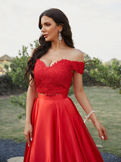 Satin Applique Off-the-Shoulder Sleeveless Sweep/Brush Train Two Piece Dresses