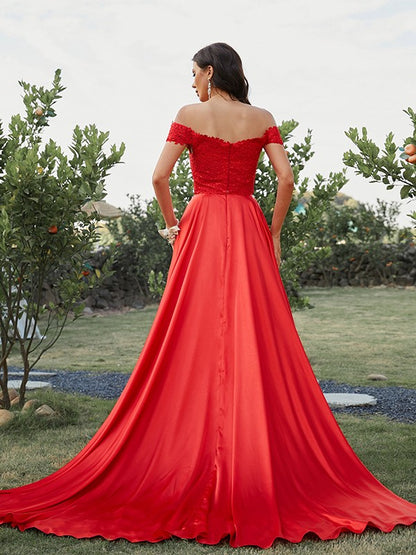 Satin Applique Off-the-Shoulder Sleeveless Sweep/Brush Train Two Piece Dresses