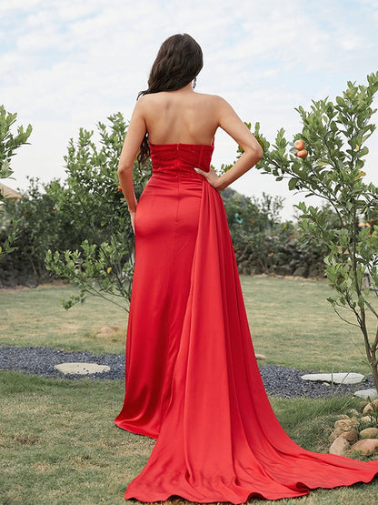 Satin Ruched Strapless Sleeveless Sweep/Brush Train Dresses