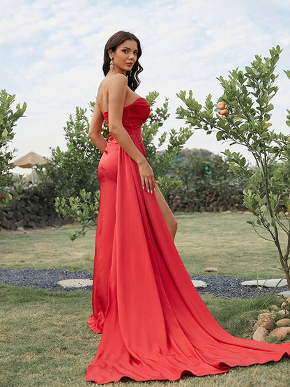 Satin Ruched Strapless Sleeveless Sweep/Brush Train Dresses