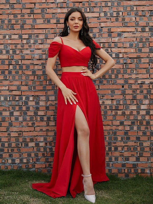 Chiffon Ruffles V-neck Sleeveless Sweep/Brush Train Two Piece Dresses