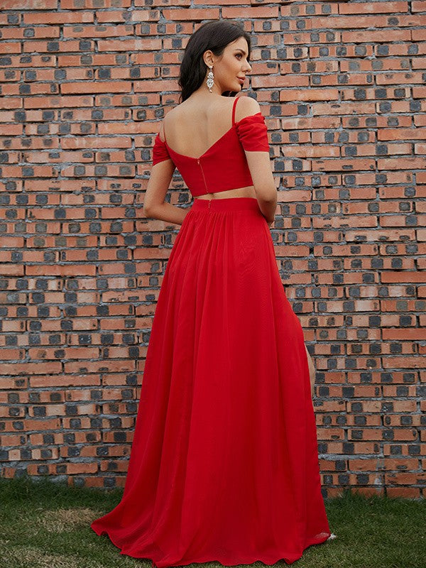 Chiffon Ruffles V-neck Sleeveless Sweep/Brush Train Two Piece Dresses