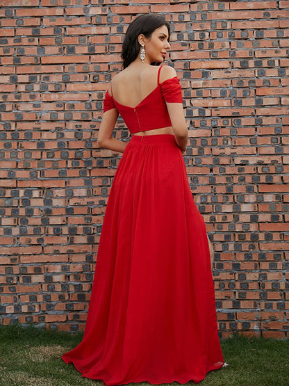 Chiffon Ruffles V-neck Sleeveless Sweep/Brush Train Two Piece Dresses