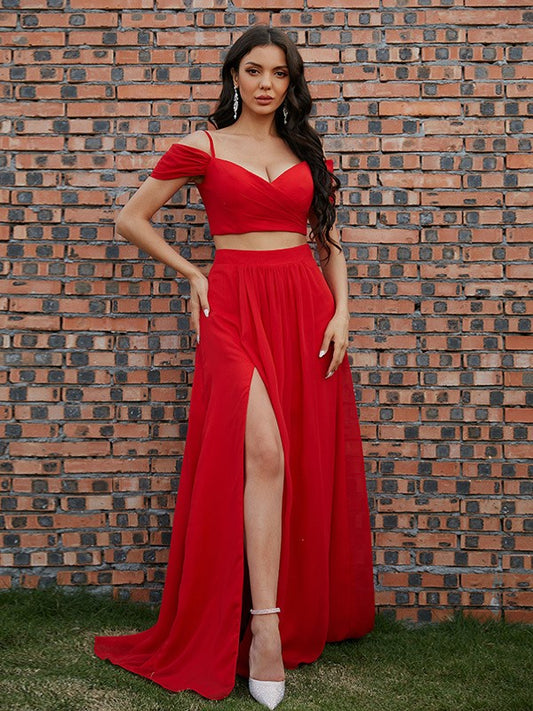 Chiffon Ruffles V-neck Sleeveless Sweep/Brush Train Two Piece Dresses