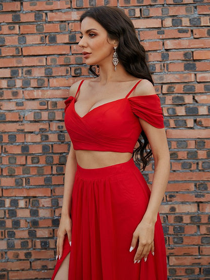 Chiffon Ruffles V-neck Sleeveless Sweep/Brush Train Two Piece Dresses