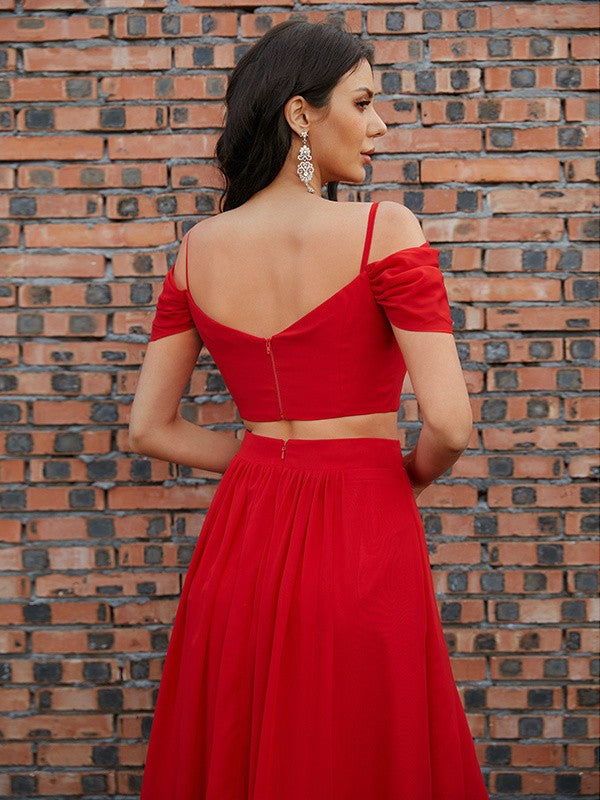 Chiffon Ruffles V-neck Sleeveless Sweep/Brush Train Two Piece Dresses