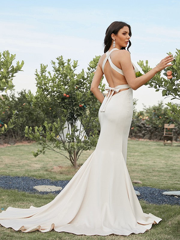 Sheath/Colum Ruched V-neck Sleeveless Sweep/Brush Train Dresses