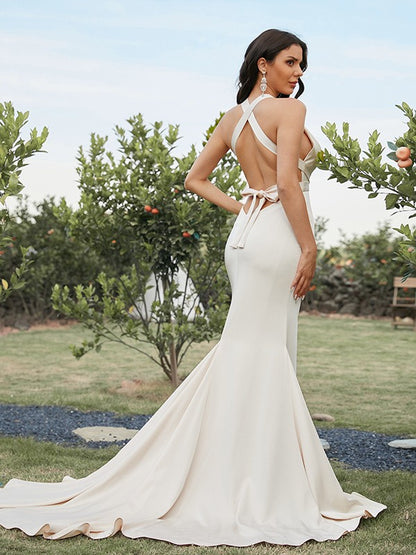 Sheath/Colum Ruched V-neck Sleeveless Sweep/Brush Train Dresses