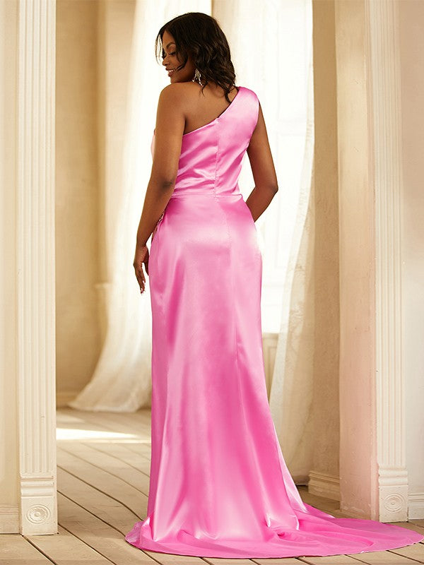 Satin Ruched One-Shoulder Sleeveless Sweep/Brush Train Dresses