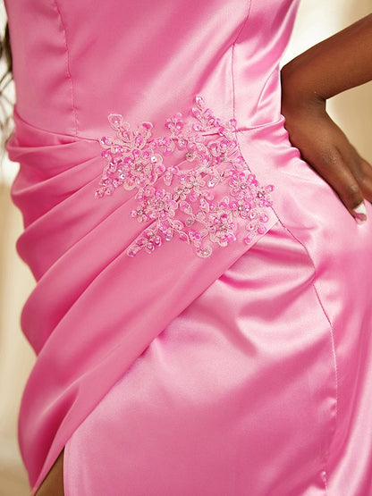 Satin Ruched One-Shoulder Sleeveless Sweep/Brush Train Dresses