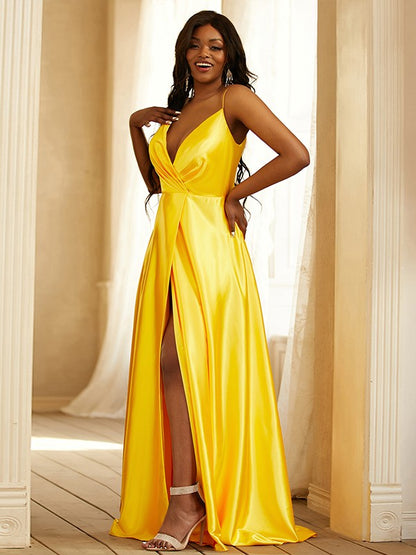 Satin Ruched V-neck Sleeveless Sweep/Brush Train Dresses