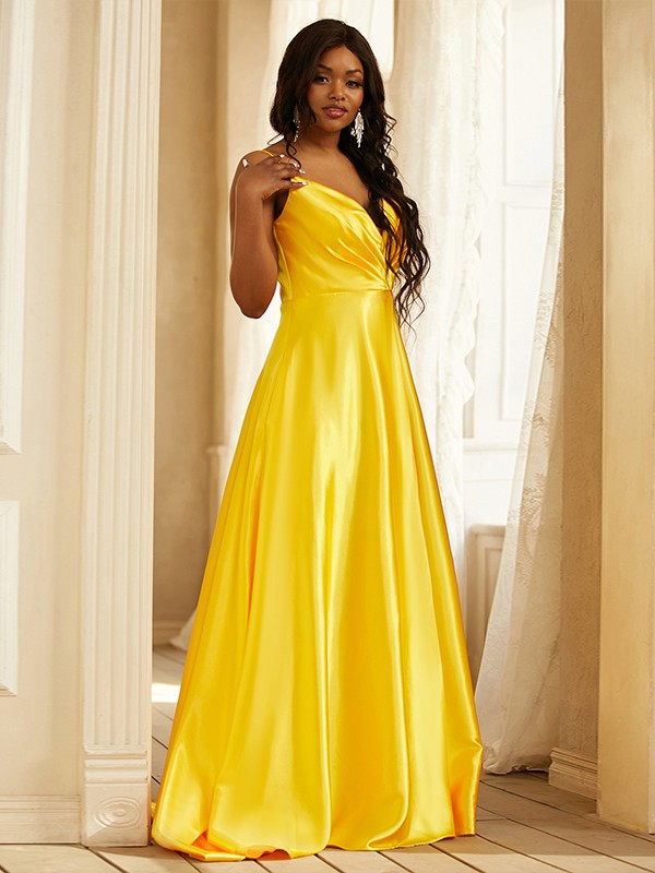 Satin Ruched V-neck Sleeveless Sweep/Brush Train Dresses