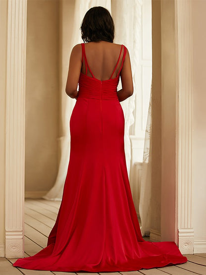 Satin Ruched V-neck Sleeveless Sweep/Brush Train Dresses