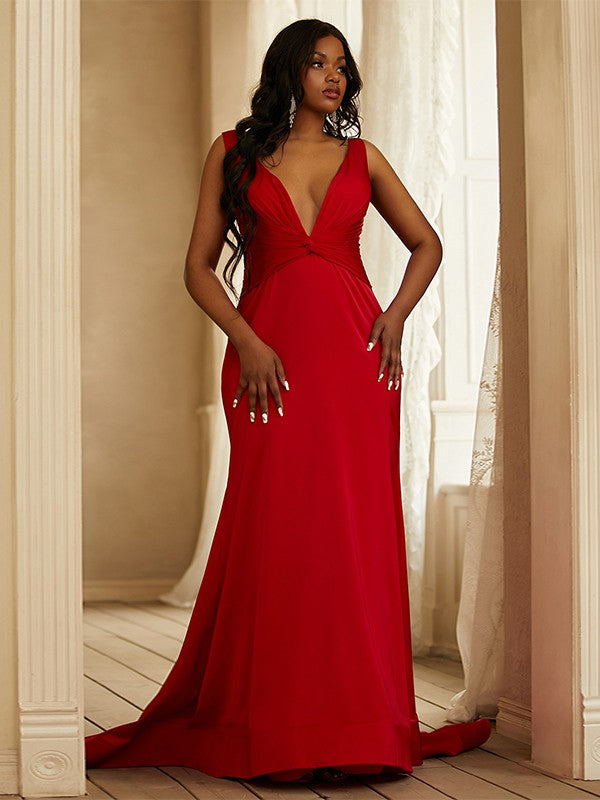 Satin Ruched V-neck Sleeveless Sweep/Brush Train Dresses