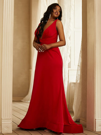 Satin Ruched V-neck Sleeveless Sweep/Brush Train Dresses