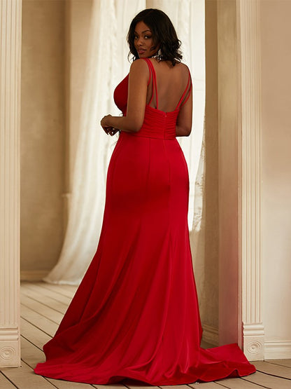 Satin Ruched V-neck Sleeveless Sweep/Brush Train Dresses
