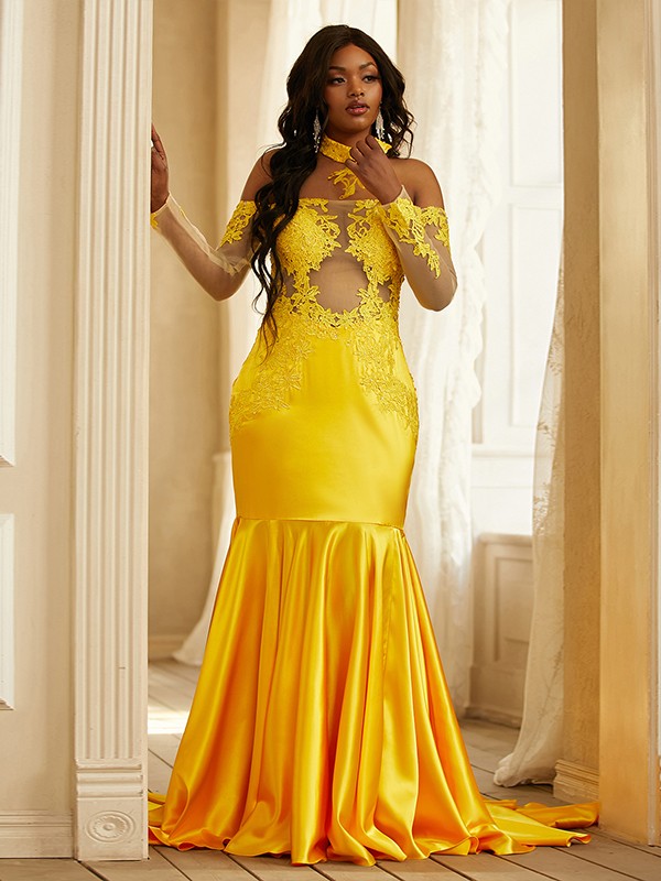 Woven Satin Applique Off-the-Shoulder Long Sleeves Sweep/Brush Train Dresses