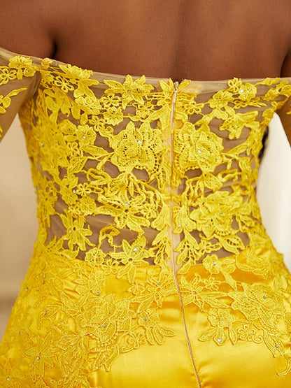 Woven Satin Applique Off-the-Shoulder Long Sleeves Sweep/Brush Train Dresses