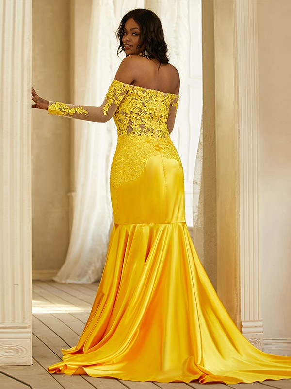 Woven Satin Applique Off-the-Shoulder Long Sleeves Sweep/Brush Train Dresses