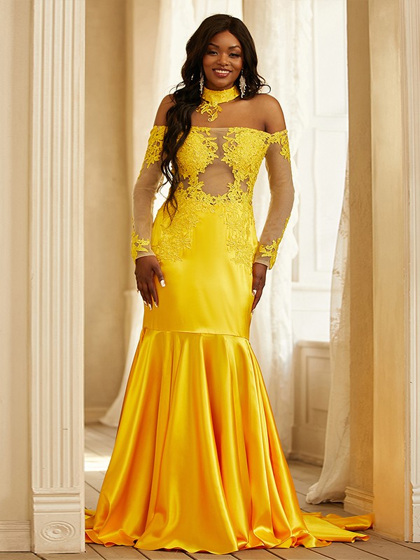 Woven Satin Applique Off-the-Shoulder Long Sleeves Sweep/Brush Train Dresses