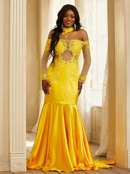 Woven Satin Applique Off-the-Shoulder Long Sleeves Sweep/Brush Train Dresses