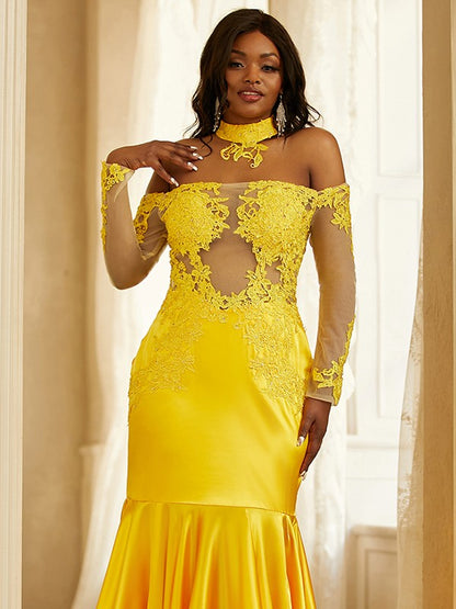 Woven Satin Applique Off-the-Shoulder Long Sleeves Sweep/Brush Train Dresses