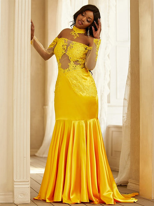 Woven Satin Applique Off-the-Shoulder Long Sleeves Sweep/Brush Train Dresses