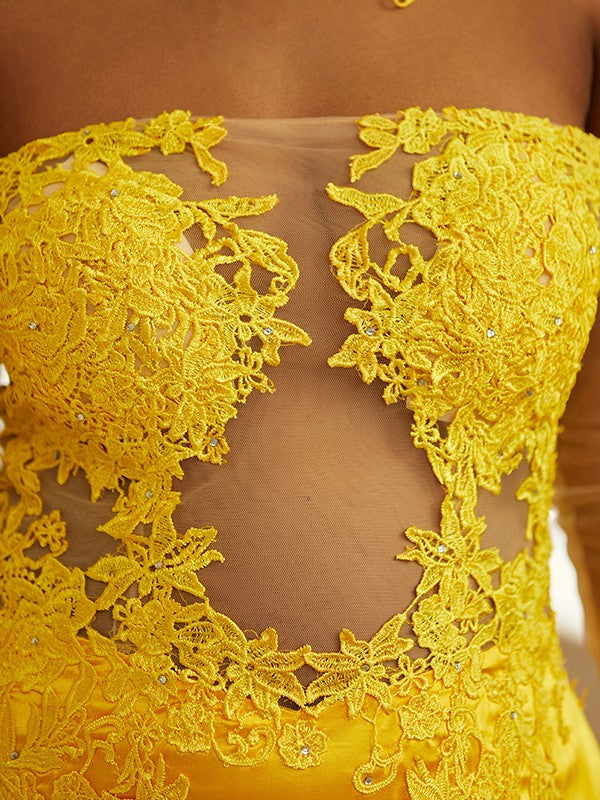 Woven Satin Applique Off-the-Shoulder Long Sleeves Sweep/Brush Train Dresses