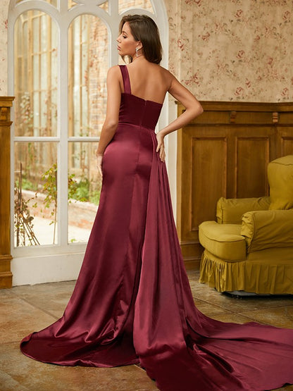 Woven Satin Sequin One-Shoulder Sleeveless Sweep/Brush Train Dresses