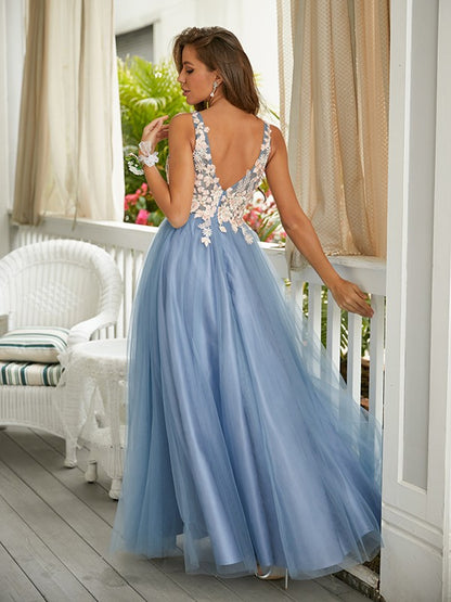 Tulle Applique V-neck Sleeveless Floor-Length Dresses