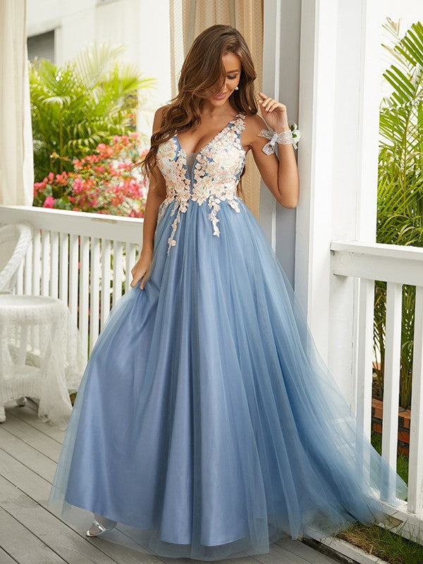 Tulle Applique V-neck Sleeveless Floor-Length Dresses